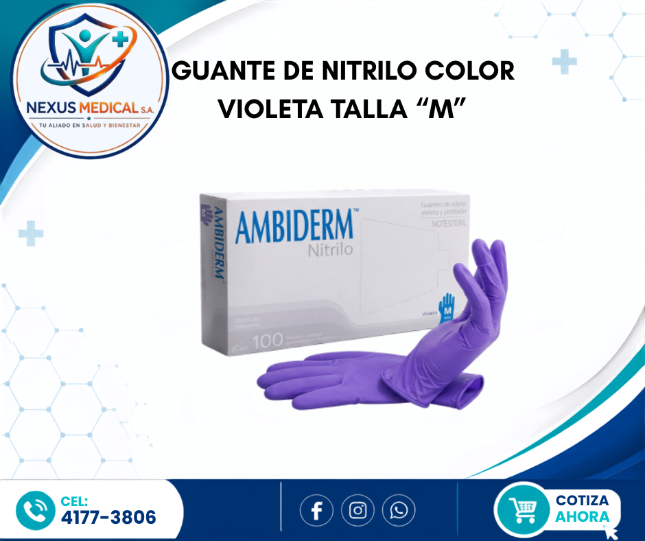 GUANTE DE NITRILO TALLA M CAJA DE 100 UNIDADES COLOR VIOLETA  MARCA AMBIDERM  - Nexus Medical S.A.
