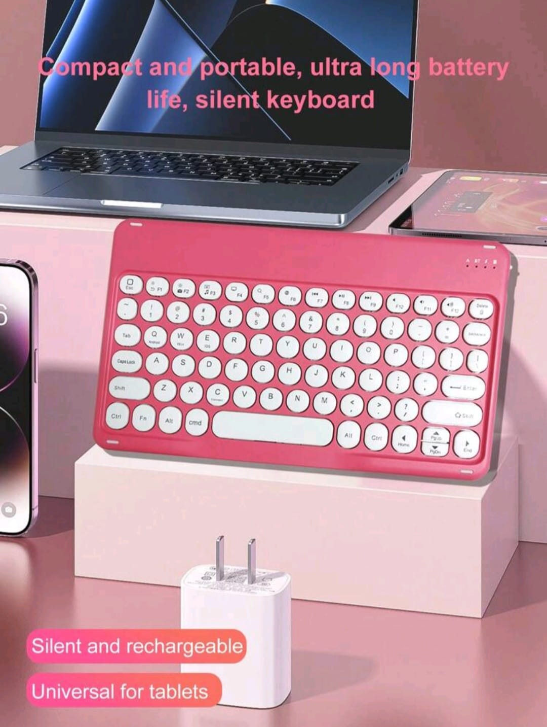 Teclado inalambirco rosado con teclas blancas. - Govania, S.A