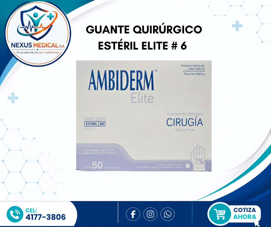 GUANTE QUIRÚRGICO ESTÉRIL ELITE  # 6.5 CAJA DE 50 PARES MARCA AMBIDERM - Nexus Medical S.A.