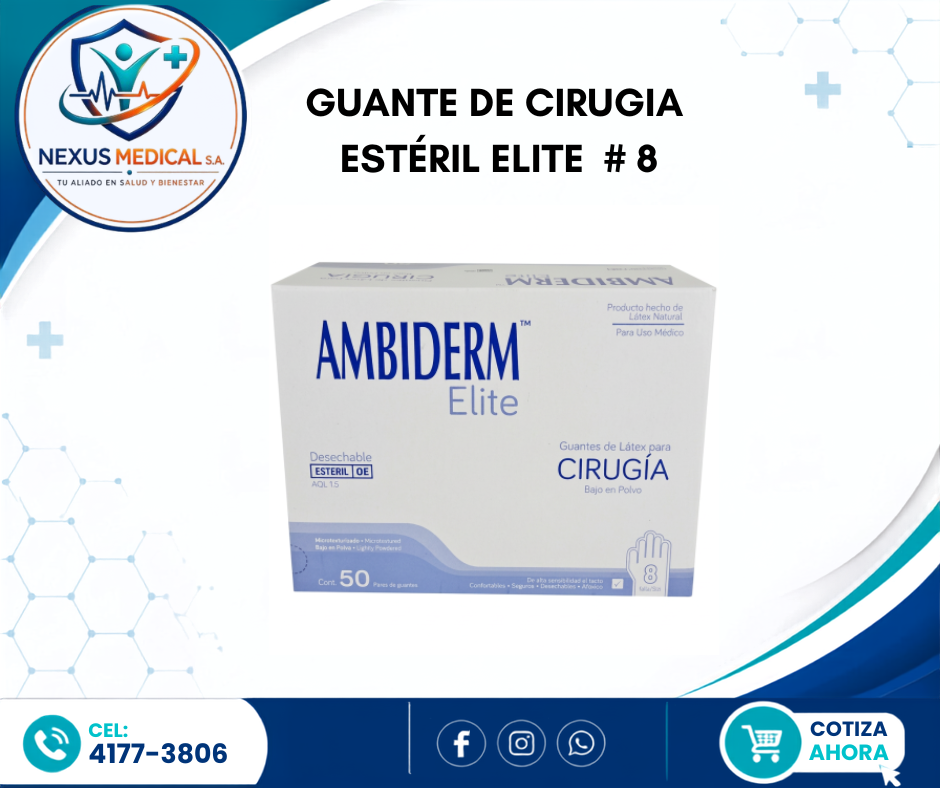 GUANTE QUIRÚRGICO ESTÉRIL ELITE  # 8 CAJA DE 50 PARES MARCA AMBIDERM - Nexus Medical S.A.