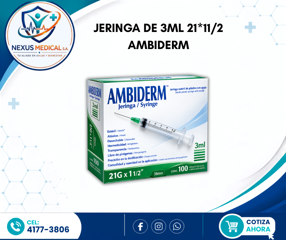 JERINGA DE 3ML 21*11/2 CAJA DE 100 UNIDADES MARCA AMBIDERM - Nexus Medical S.A.