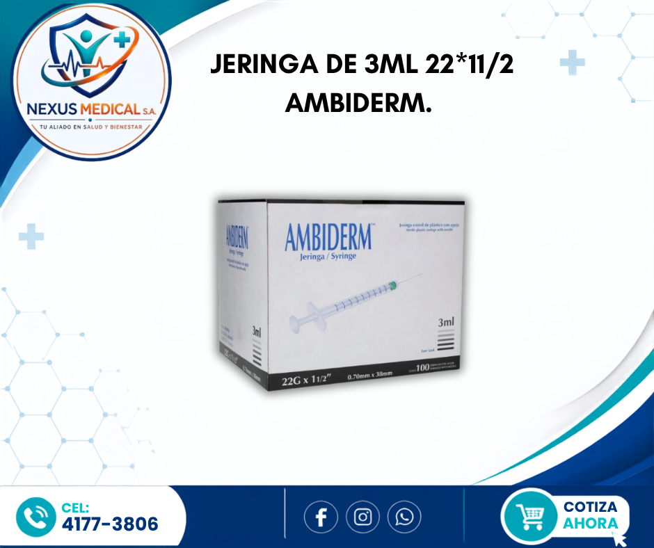 JERINGA DE 3ML 22*11/2 CAJA DE 100 UNIDADES MARCA  AMBIDERM.  - Nexus Medical S.A.