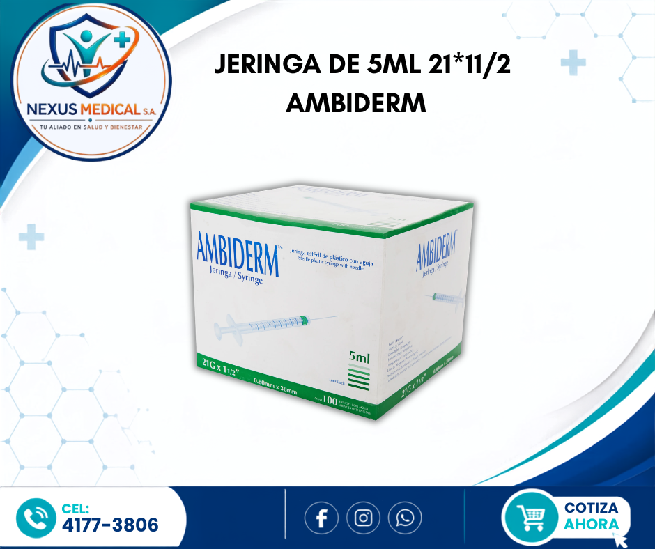 JERINGA DE 5ML  21*11/2 CAJA DE 100 UNIDADES MARCA AMBIDERM   - Nexus Medical S.A.