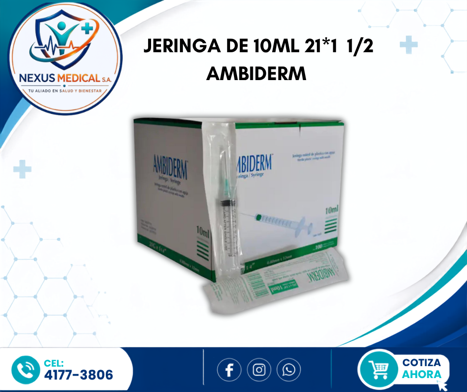 JERINGA DE 10ML 21*11/2 CAJA CON 100 UNI.  MARCA  AMBIDERM  - Nexus Medical S.A.