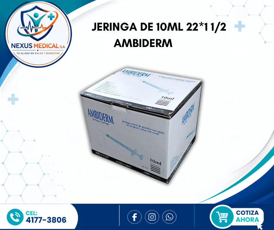 JERINGA DE 10ML 22*11/2  CAJA DE 100 UNI. MARCA AMBIDERM - Nexus Medical S.A.