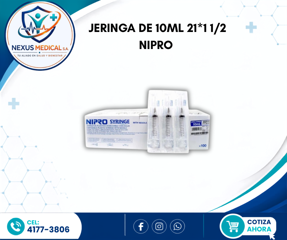 JERINGA DE 10ML 21*1.1/2 CAJA CON 100 UNI. MARCA NIPRO   - Nexus Medical S.A.