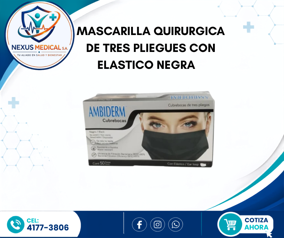 MASCARILLA QUIRÚRGICA DE TRES  PLIEGUES CON ELÁSTICO NEGRA . - Nexus Medical S.A.