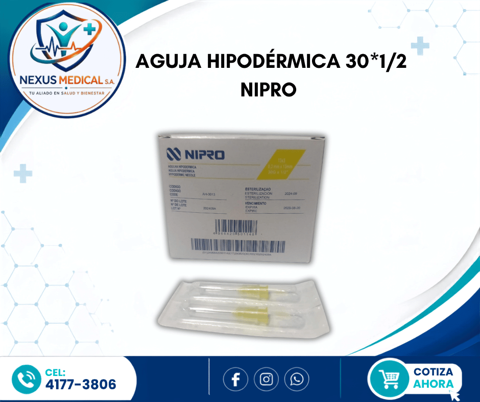 AGUJA HIPODÉRMICA  30*1/2 CAJA DE 100 UNIDADES MARCA NIPRO  - Nexus Medical S.A.