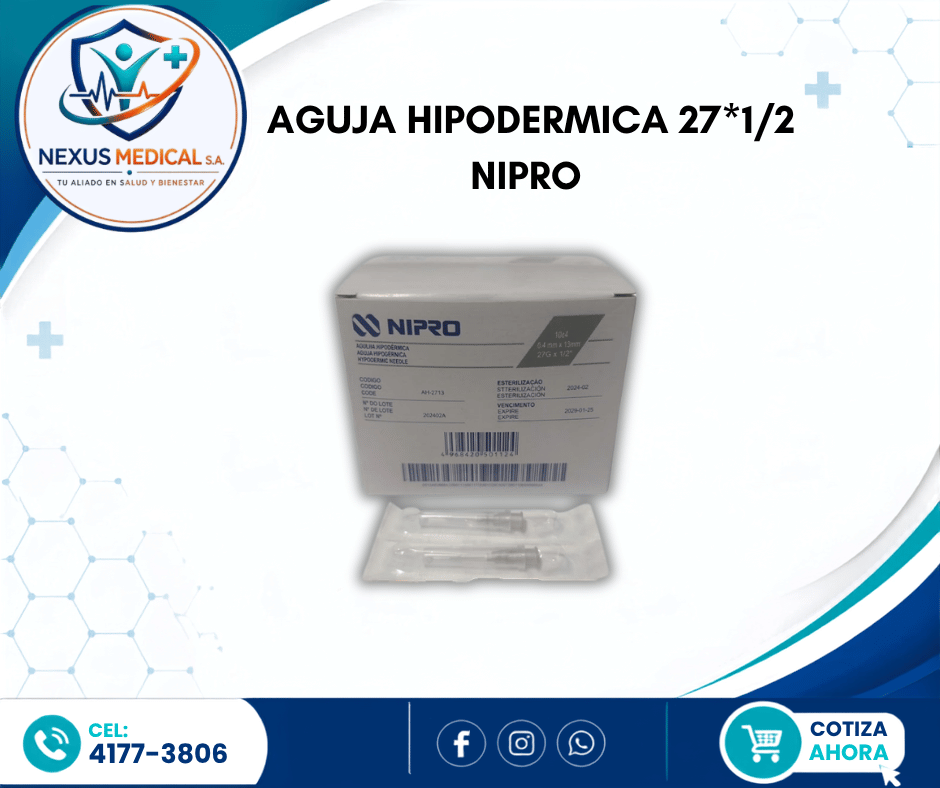AGUJA HIPODERMICA 27*1/2 CAJA DE 100 UNIDADES MARCA NIPRO  - Nexus Medical S.A.