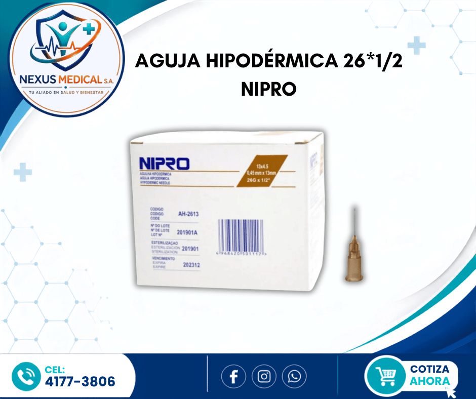 AGUJA HIPODÉRMICA 26*1/2 CAJA DE 100 UNIDADES MARCA NIPRO. - Nexus Medical S.A.