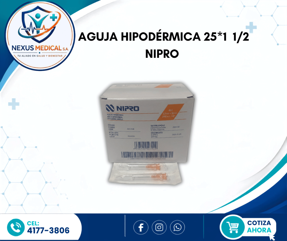 AGUJA HIPODÉRMICA 25*11/2 CAJA DE 100 UNIDADES MARCA NIPRO. - Nexus Medical S.A.