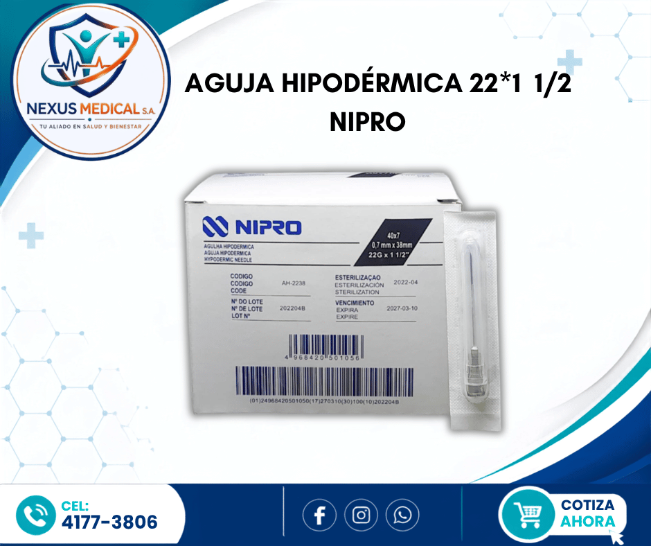 AGUJA HIPODÉRMICA 22*11/2 CAJA DE 100 UNIDADES MARCA NIPRO. - Nexus Medical S.A.