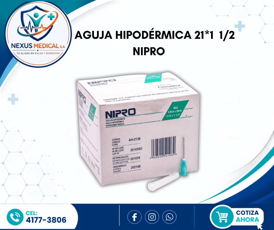 AGUJA HIPODÉRMICA  21*11/2  CAJA DE 100 UNIDADES MARCA NIPRO. - Nexus Medical S.A.