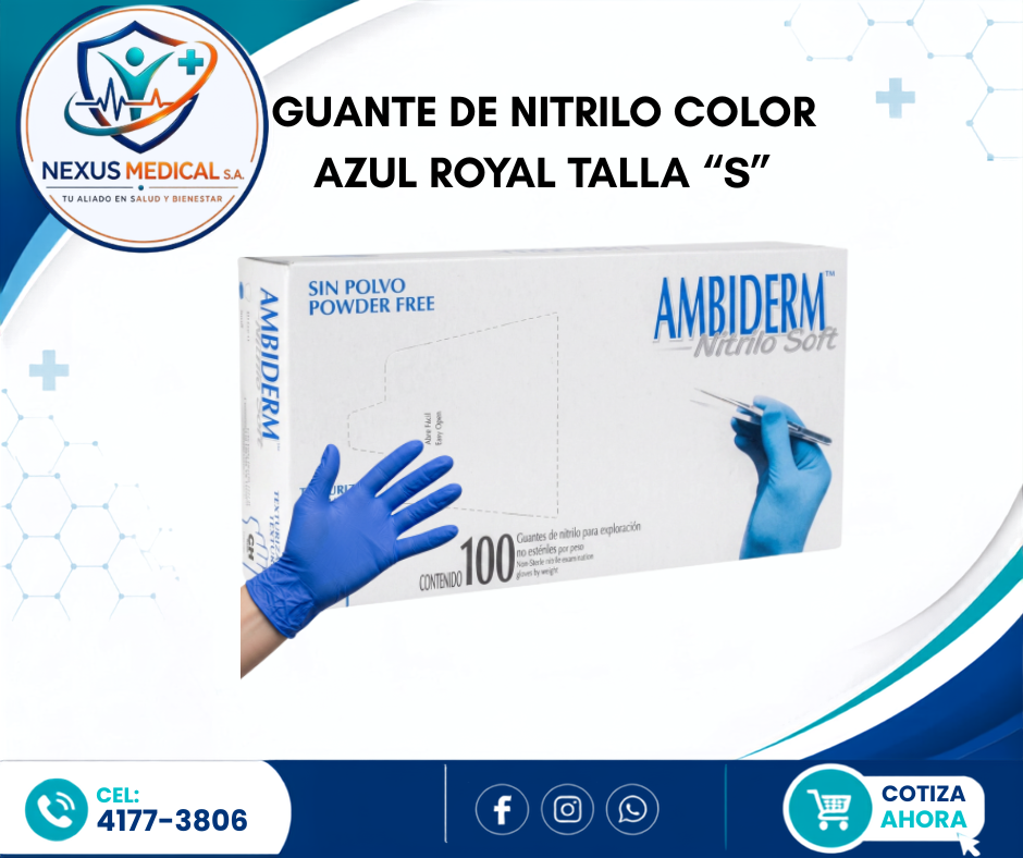 GUANTE DE NITRILO TALLA S CAJA DE 100 UNIDADES COLOR AZUL MARCA AMBIDERM  - Nexus Medical S.A.