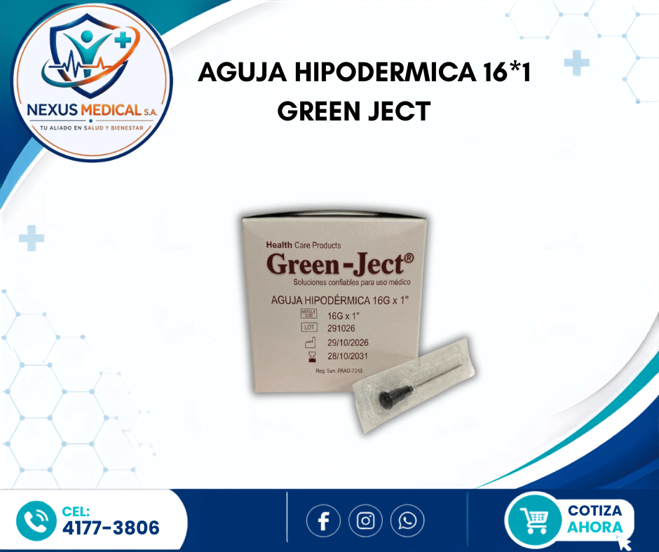 AGUJA HIPODERMICA  16*1  CAJA DE 100 UNIDADES MARCA  GREEN JECT - Nexus Medical S.A.