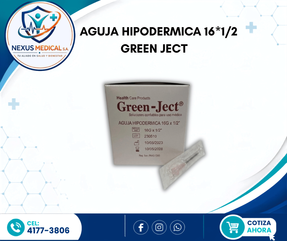 AGUJA HIPODERMICA 16*1/2 CAJA DE 100 UNI. MARCA GREEN JECT  - Nexus Medical S.A.