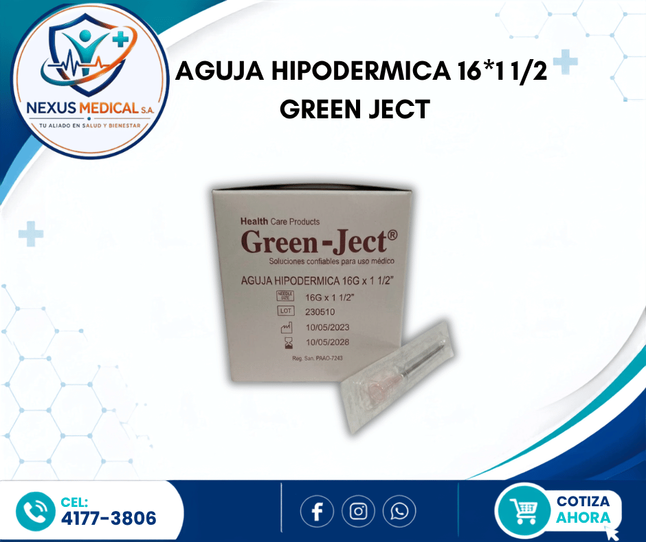 AGUJA HIPODERMICA 16*1 1/2 CAJA DE 100 UNI MARCA GREEN JECT  - Nexus Medical S.A.