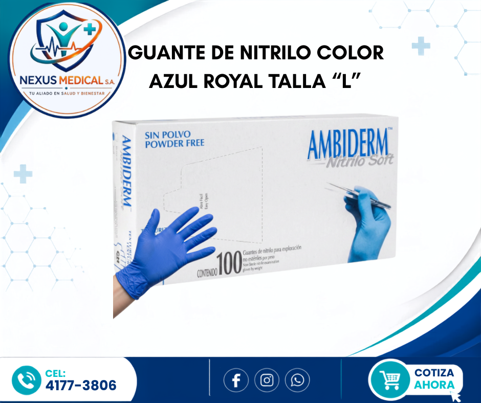 GUANTE DE NITRILO TALLA L CAJA DE 100 UNIDADES COLOR AZUL MARCA AMBIDERM  - Nexus Medical S.A.