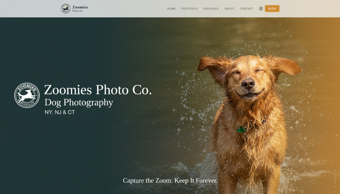 Zoomies Photo Co. website preview — custom dog photography platform built by BayTay Web Studio
