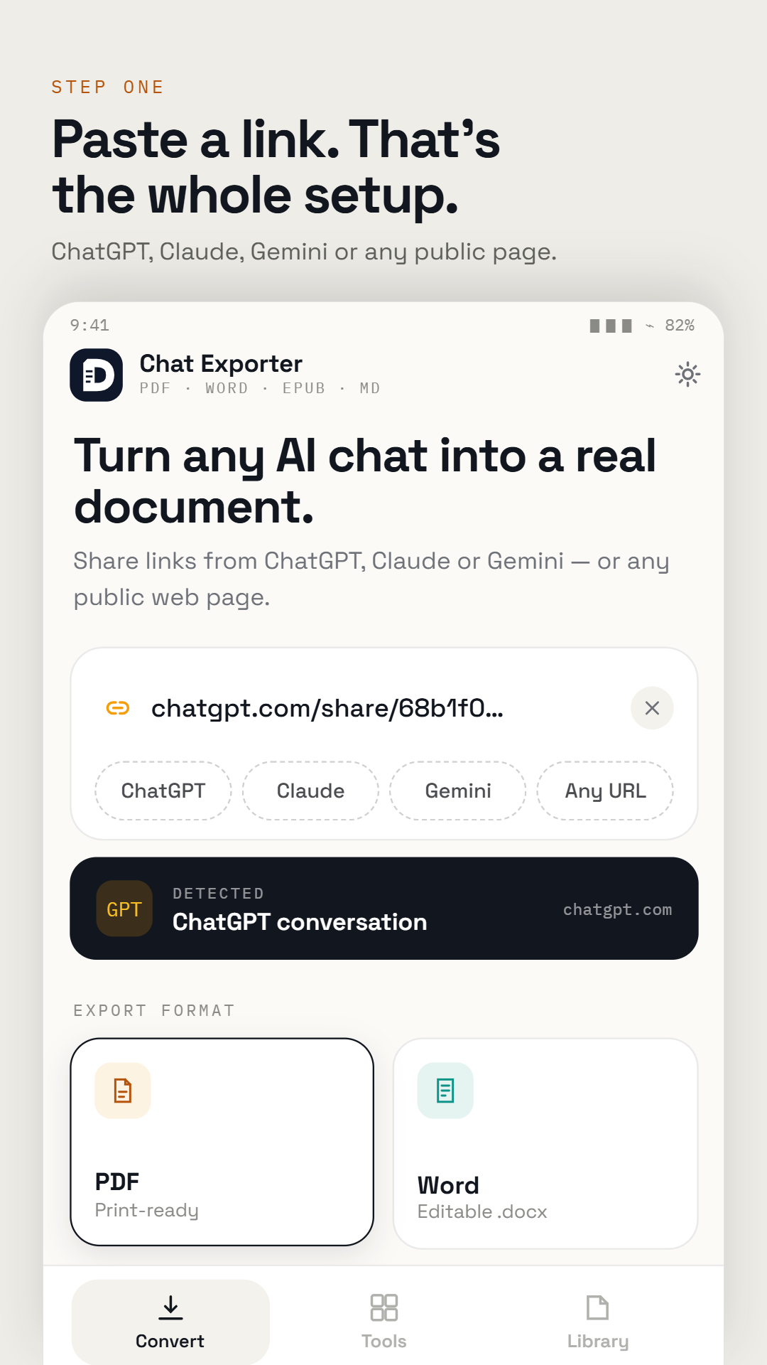 AI Chat Exporter link input and format selection screen
