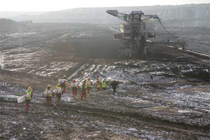 Greenpeace volunteers in Polish open pit coal mine