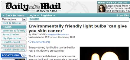 "Environmentally friendly light bulbs 'can give you skin cancer'" claims the Daily Mail