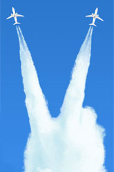 Aeroplane vapour trails forming a rude hand gesture