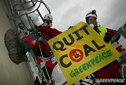 Greenpeace climbers make their point at Jozwin II B open cast mine site last December 
