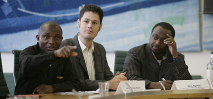 Adrien Sinafasi Makelo (left) and René Ngongo (right) address the All-Party Parliamentary Group on the Great Lakes Region of Africa