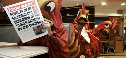 Giant chickens invaded McDonald's in April to protest at their involvement in Amazon destruction