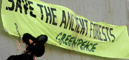 Protesters dressed as gorillas blockade a shipload of illegal rainforest timber entering the port of Livorno, Italy