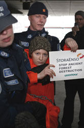 Activists being removed from their blockade of the Stora Enso headquarters in Helsinki