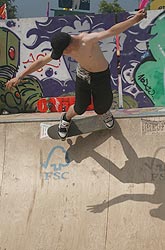 A skateboarder rides an FSC ramp at Glastonbury in 2005