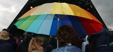 Two women sheltering under an umbrella at Glastonbury