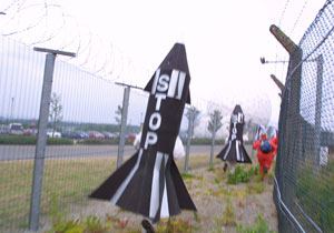 Protesters inside the Menwith Hill spy base, North Yorkshire