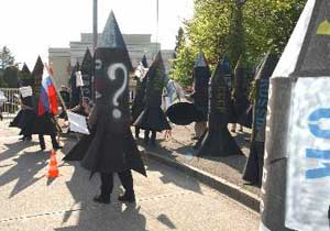 Activists dressed as missiles outside the NPT
