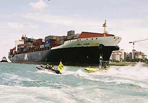 US activists intercepting a ship laden with illegally logged  mahogany