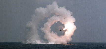 A D-5 Trident II missile spins out of control after being launched from the nuclear-powered strategic missile submarine USS Tennessee