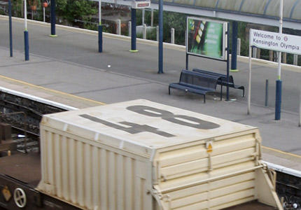 Nuclear waste train at Kensington Olympia station in London