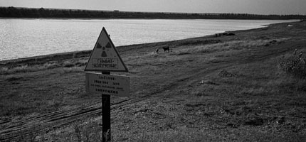 A radiation warning sign in Chernaya, near Chernobyl