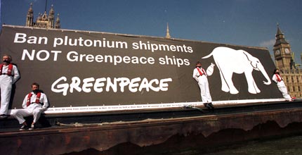 Greenpeace volunteers protest about plutonium shipments between the UK and Japan