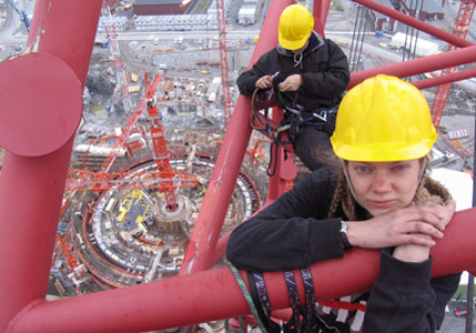 Volunteers at the top of a crane in Olkiluoto 