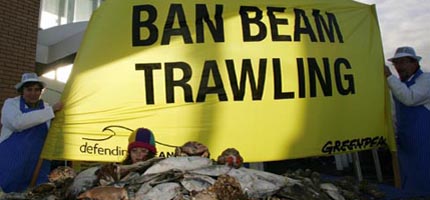 Greenpeace 'fish mongers' hold a banner reading "ban beam trawling!"