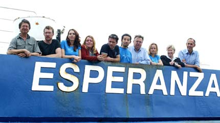 Esperanza crew members watch as the ship moors at Hobart  after the 2008 Southern Ocean tour