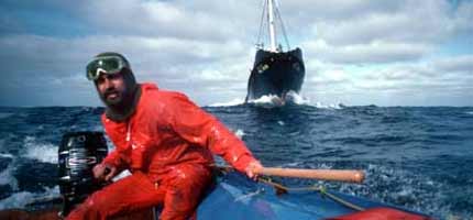 Greenpeace activist in front of an Icelandic whaler