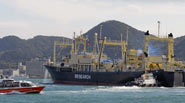 Whaling factory ship Nishin Maru leaving Shimonoseki harbour