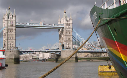 The Arctic Sunrise in front of London's Tower Bridge