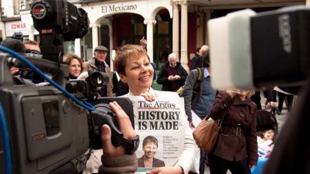 Caroline Lucas winning her seat in Parliament