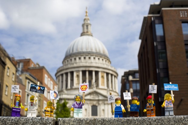 Lego mini protest in front of cathedral
