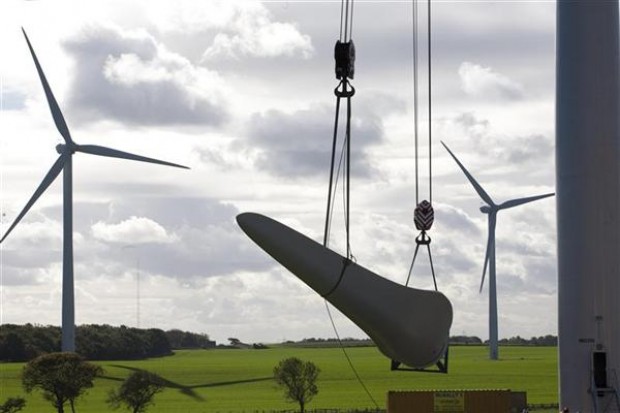 New wind turbines are constructed at the Butterwick Moor Wind Farm.